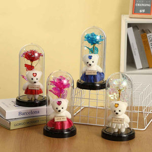 Romantic Simulation Eternal Rose Flower Bear Glass Cover LED Night Light