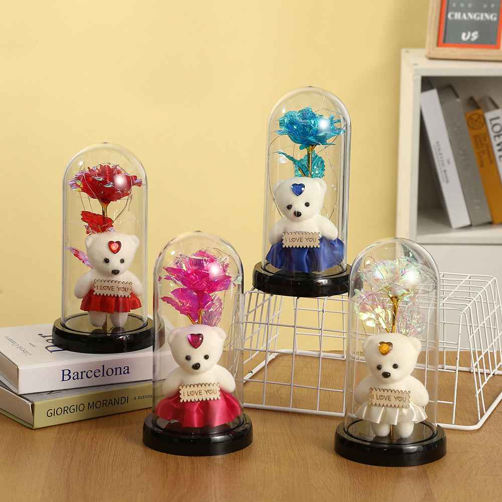 Romantic Simulation Eternal Rose Flower Bear Glass Cover LED Night Light