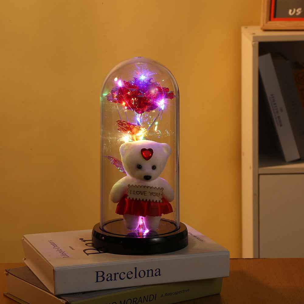 Romantic Simulation Eternal Rose Flower Bear Glass Cover LED Night Light