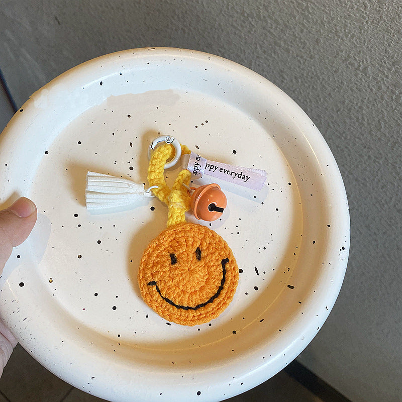 Handmade woollen yarn smiley face keyring with clasp — stylish crochet keychain and purse charm