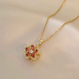 Floral Birthstone Necklace Lotus Flower Gemstone Necklace with Rotating Crystal Flower