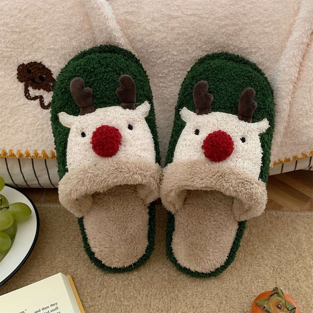 Top view of Christmas Elk Plush Slippers highlighting padded footbed that moulds to your feet for warm, all-day comfort — perfect gift for women and teens