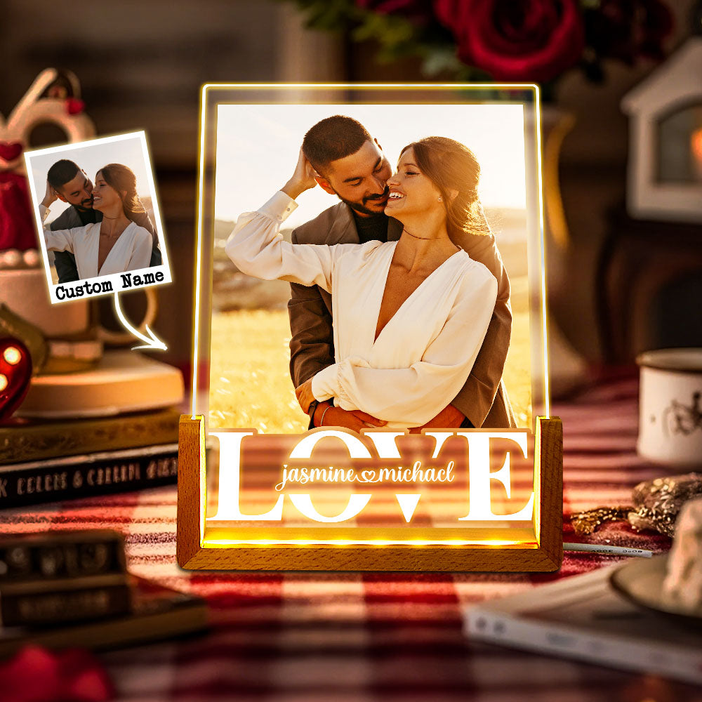 Close‑up of engraved acrylic plate and stylish wooden base of personalised lamp, showing crisp engraving detail and low‑power LED illumination — ideal personalised gift