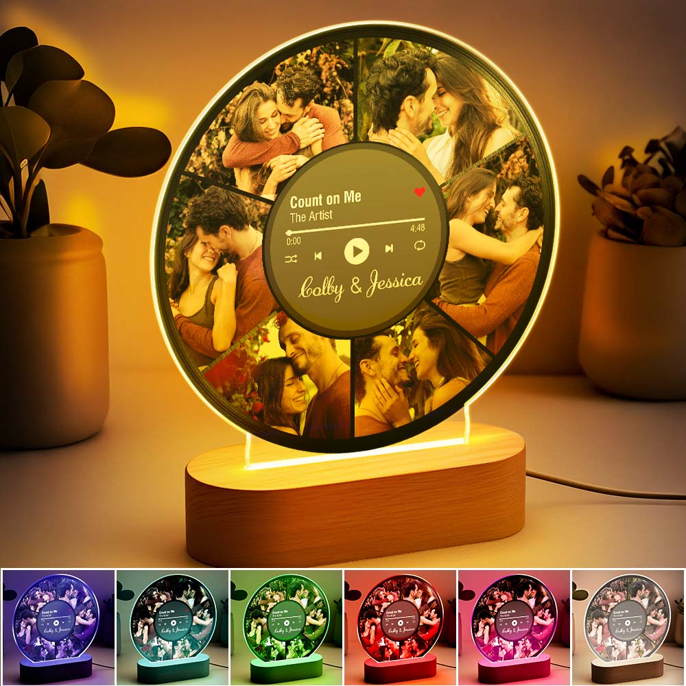 Custom photo collage night light showing engraved name and date on clear acrylic with wooden base, energy efficient LED — perfect personalised anniversary gift or wedding gift