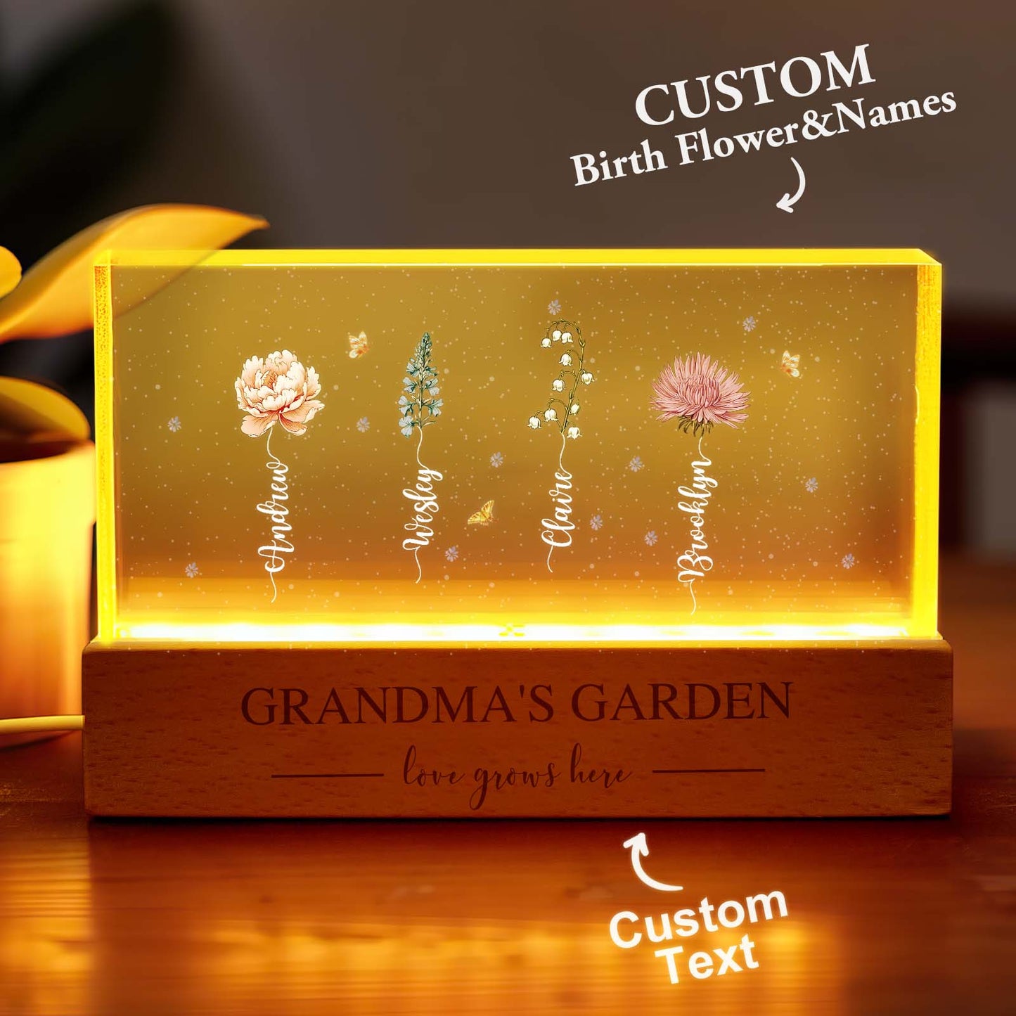 Night-time glow of personalised birth flower night light for Grandma — soft, low-energy LED illumination for bedside