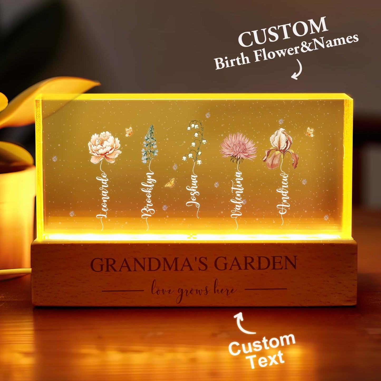 Custom family tree assembled from individual birth flower panels — personalised lamp keepsake for Grandma