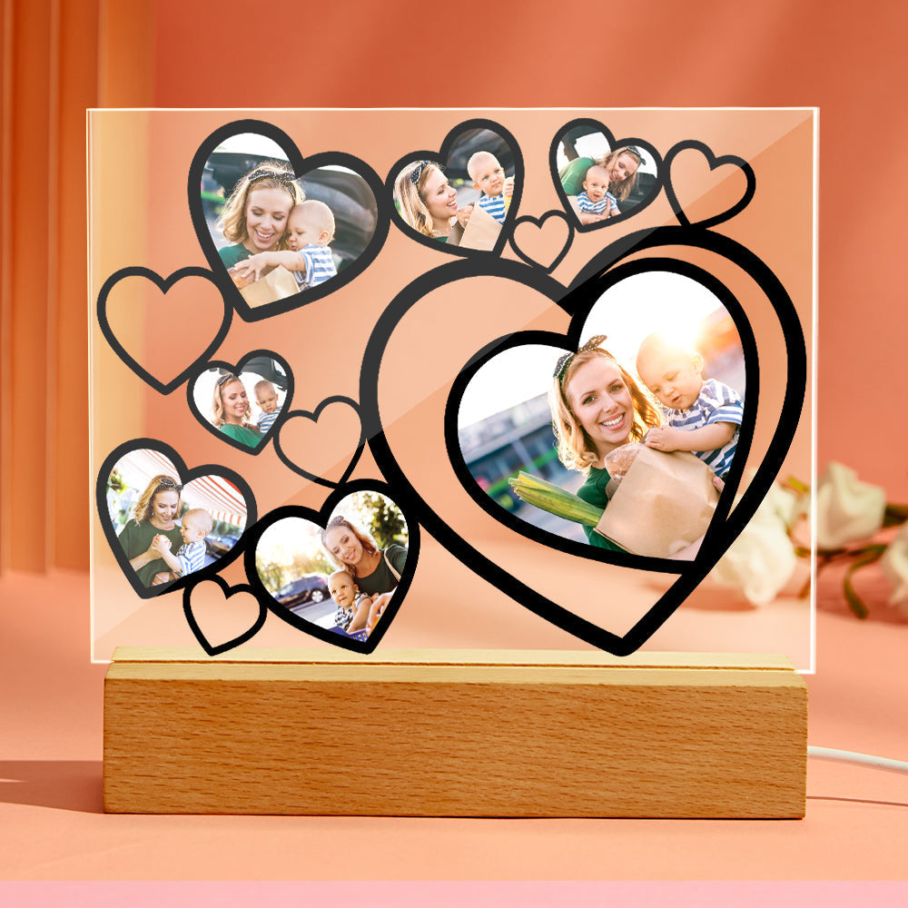 Personalised Multi-Photo Heart Lamp Night Light with Wooden Base