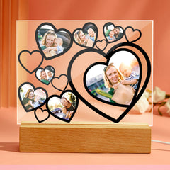 Personalised Multi-Photo Heart Lamp Night Light with Wooden Base