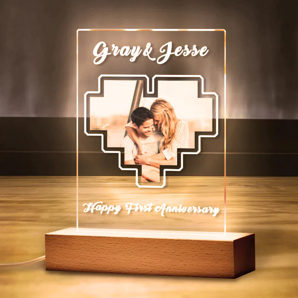 Single personalised heart photo plaque printed on clear acrylic — crisp photographic finish, perfect personalised keepsake for couples