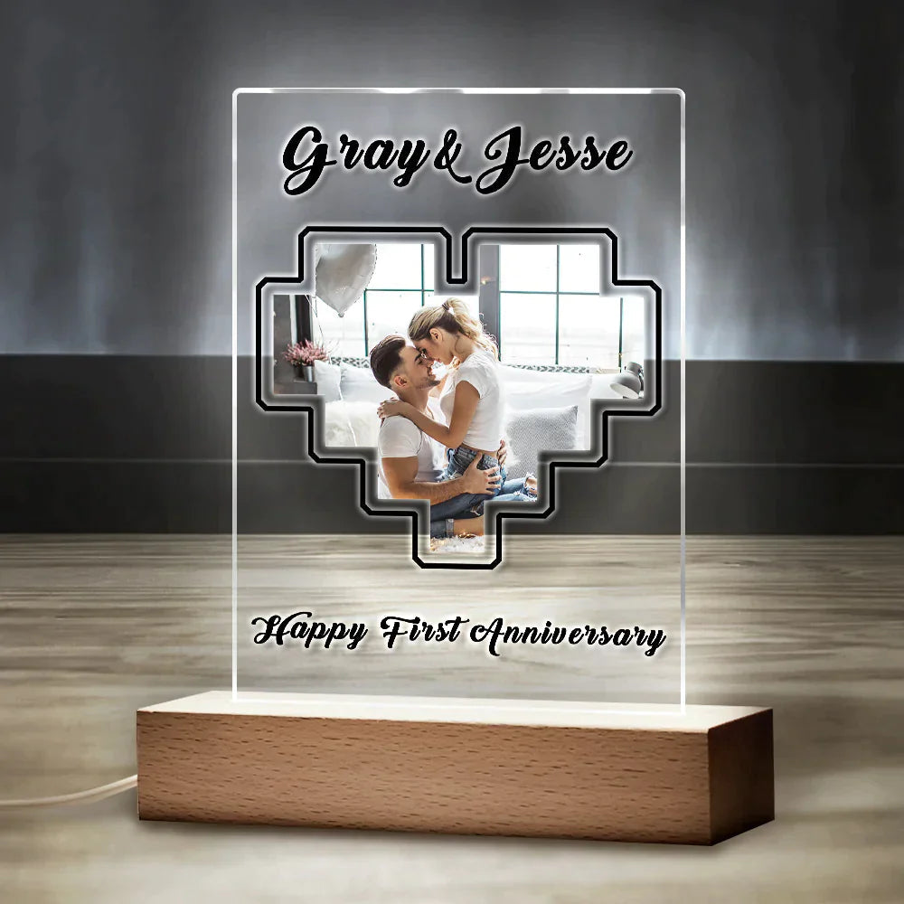 Acrylic music plaque with personalised photo and optional tune, displayed with heart photo keyring — unique anniversary or memorial keepsake
