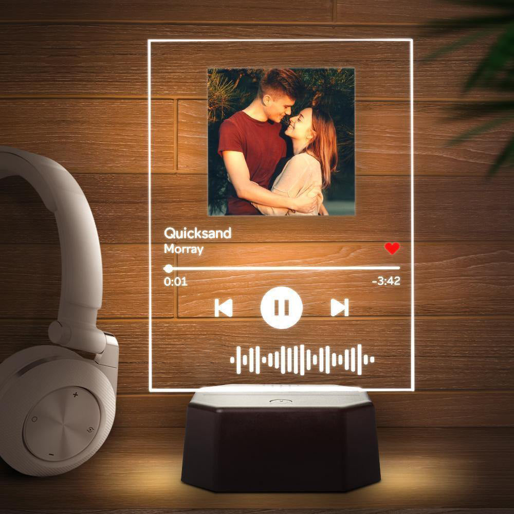 Personalised Spotify Code LED lamp with built-in Bluetooth speaker stand — front view showing UV‑printed acrylic plaque, scannable Spotify code and illuminated edge lighting