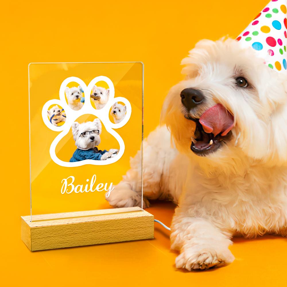 Personalised Engraved Dog Paw Photo Night Light With Name - Customisable Pet Memorial Gift