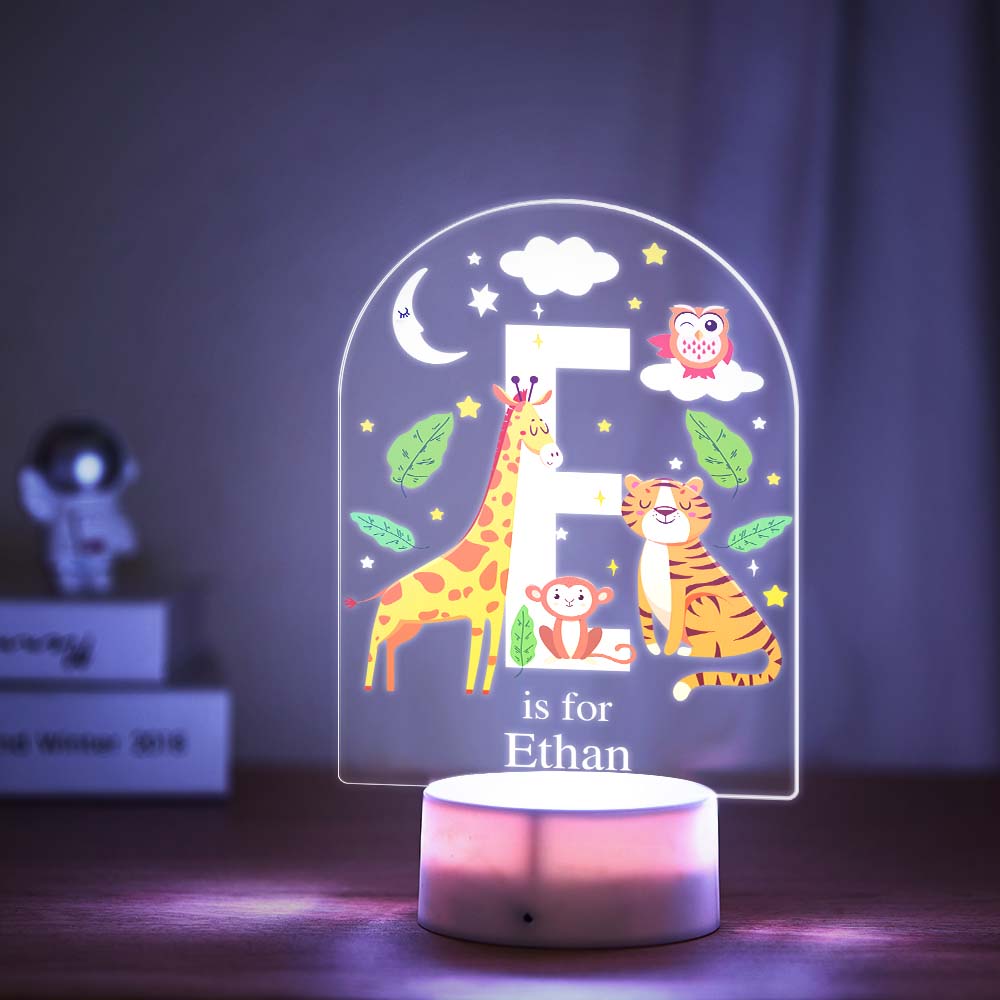 Personalised LED night light with engraved animal alphabet acrylic slide and custom name — colour‑changing nursery lamp