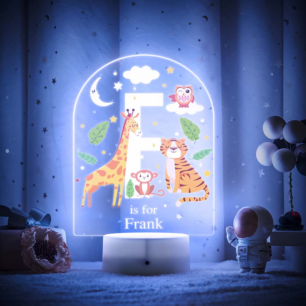 Engraved acrylic slide showing animal alphabet 'D' design with custom name example — personalised nursery night light