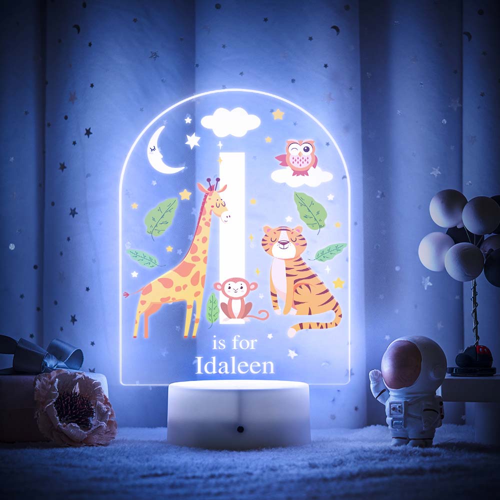 Engraved acrylic slide showing animal alphabet 'H' design with custom name example — personalised LED night light