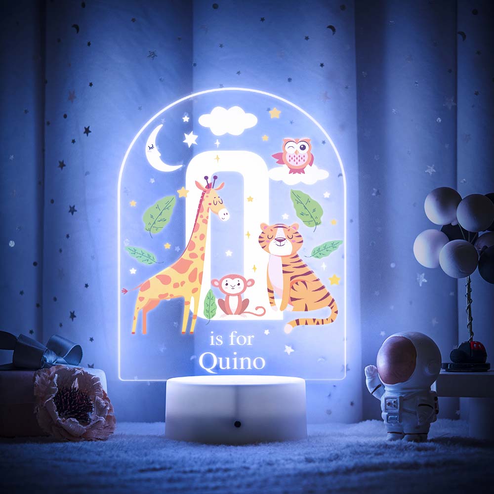 Engraved acrylic slide showing animal alphabet 'P' design with custom name example — personalised LED night light
