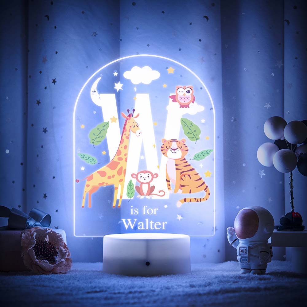 Engraved acrylic slide showing animal alphabet 'V' design with custom name example — personalised LED night light