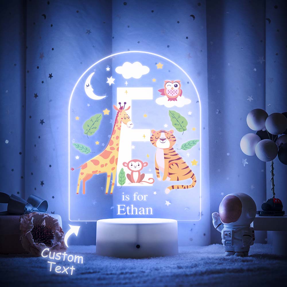 Personalised LED night light with engraved animal alphabet acrylic slide and custom name — colour‑changing nursery lamp