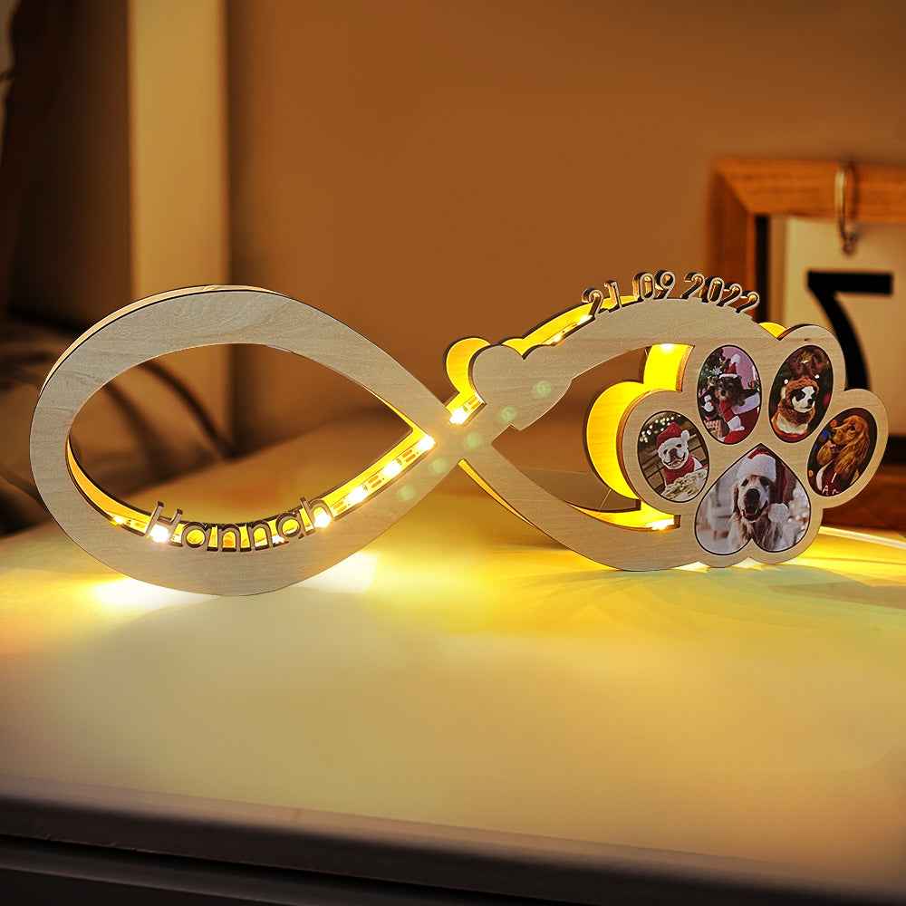 Custom Infinity Dog Paw Photo Light Personalized Engraved Name Wooden Night Light