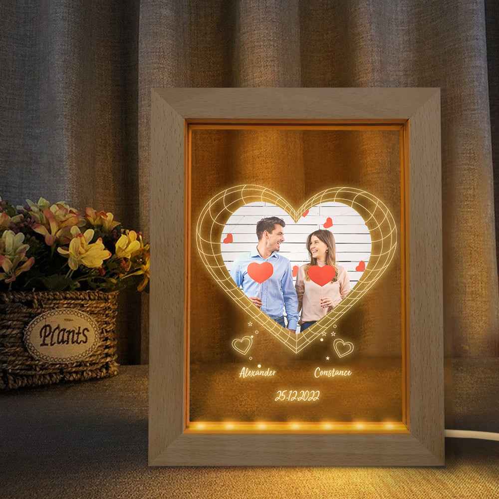Custom Night Light Personalized 3D Heart Wooden Frame Lamp Valentine's Day Gift