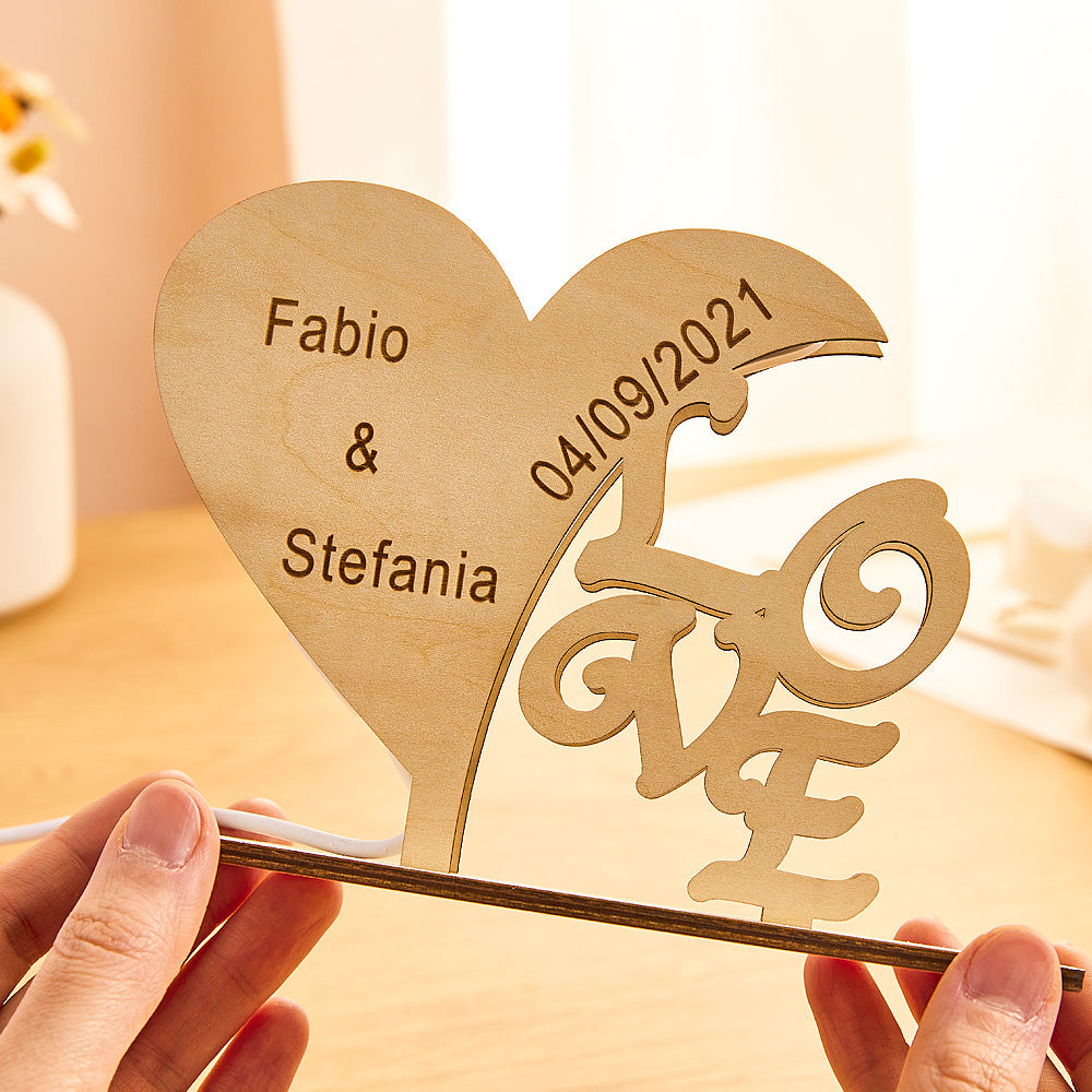 Personalised Heart Wooden Night Light - Custom Engraved Anniversary & Birthday Gift