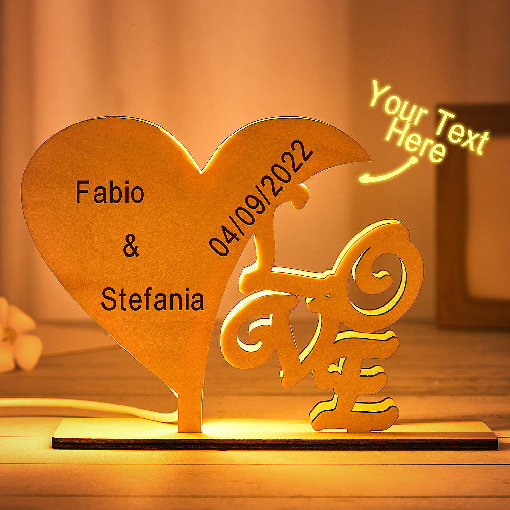 Personalised Heart Wooden Night Light - Custom Engraved Anniversary & Birthday Gift