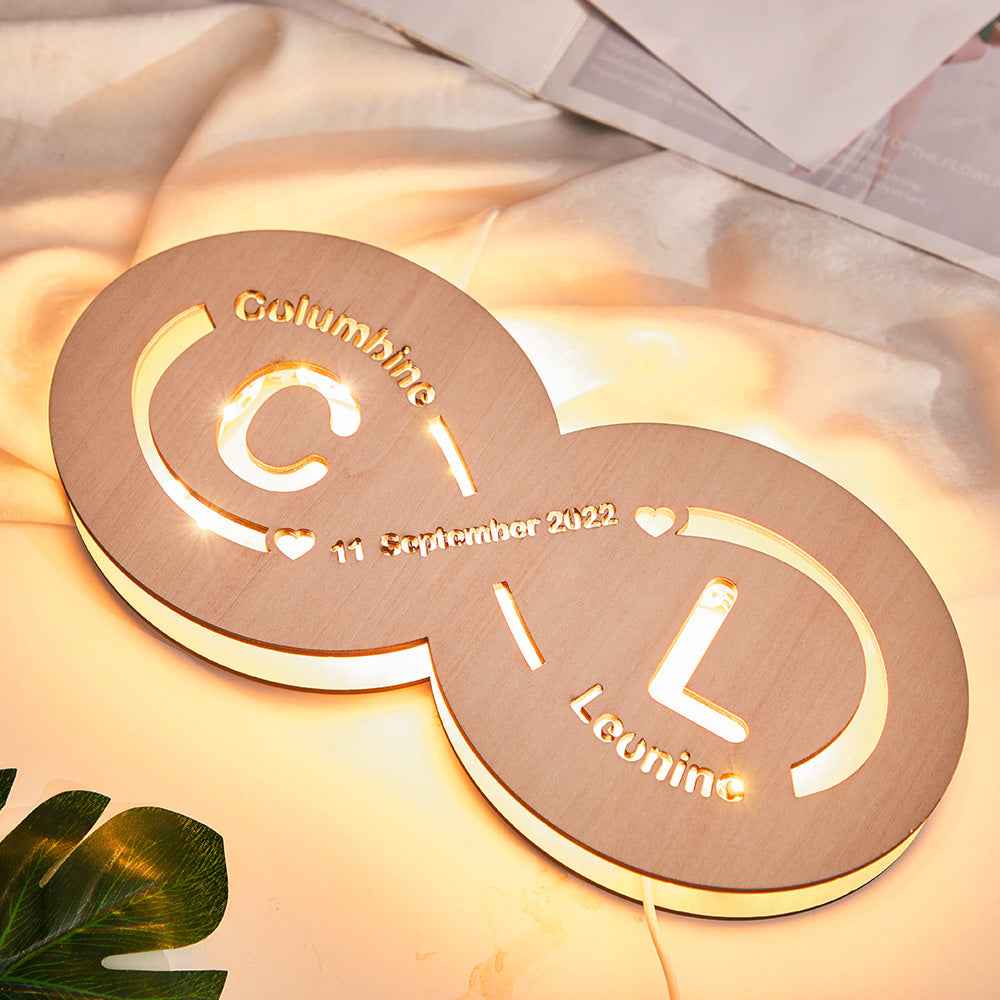 Custom Name and Date Infinity Love Sign Night Light with Initials Wooden Lamp for Lovers