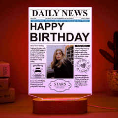 Personalised Photo News Acrylic Plaque - 7 Colour LED Night Light | Birthday Gift