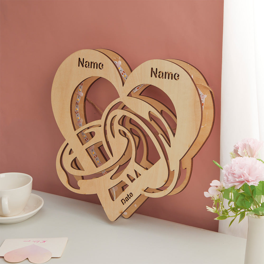 Personalised Wooden Night Light with Name & Date - Infinity Wedding Rings Lamp
