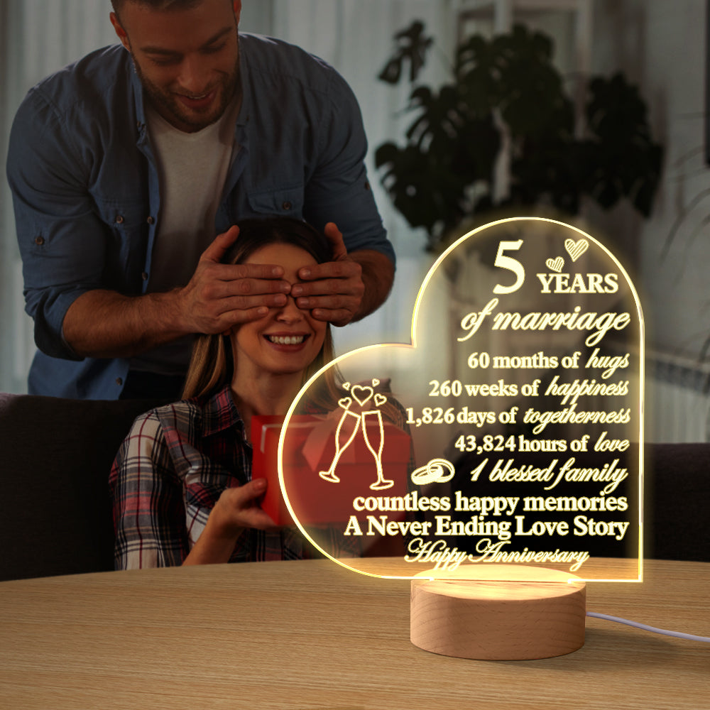 Personalised Anniversary Night Light - Heart Acrylic Lamp for Wife/Husband