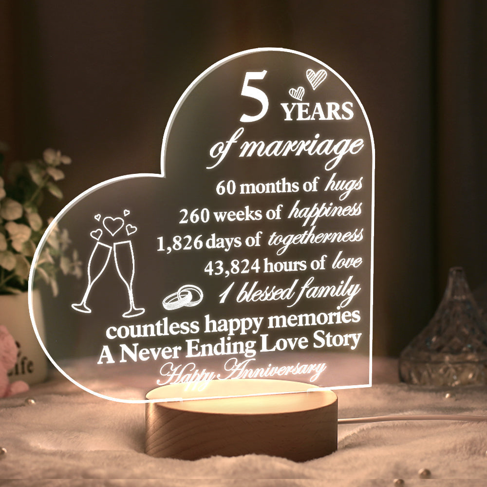 Personalised Anniversary Night Light - Heart Acrylic Lamp for Wife/Husband