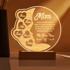 Personalised Engraved Crescent Moon Night Light - Custom Mother's Gift with Names