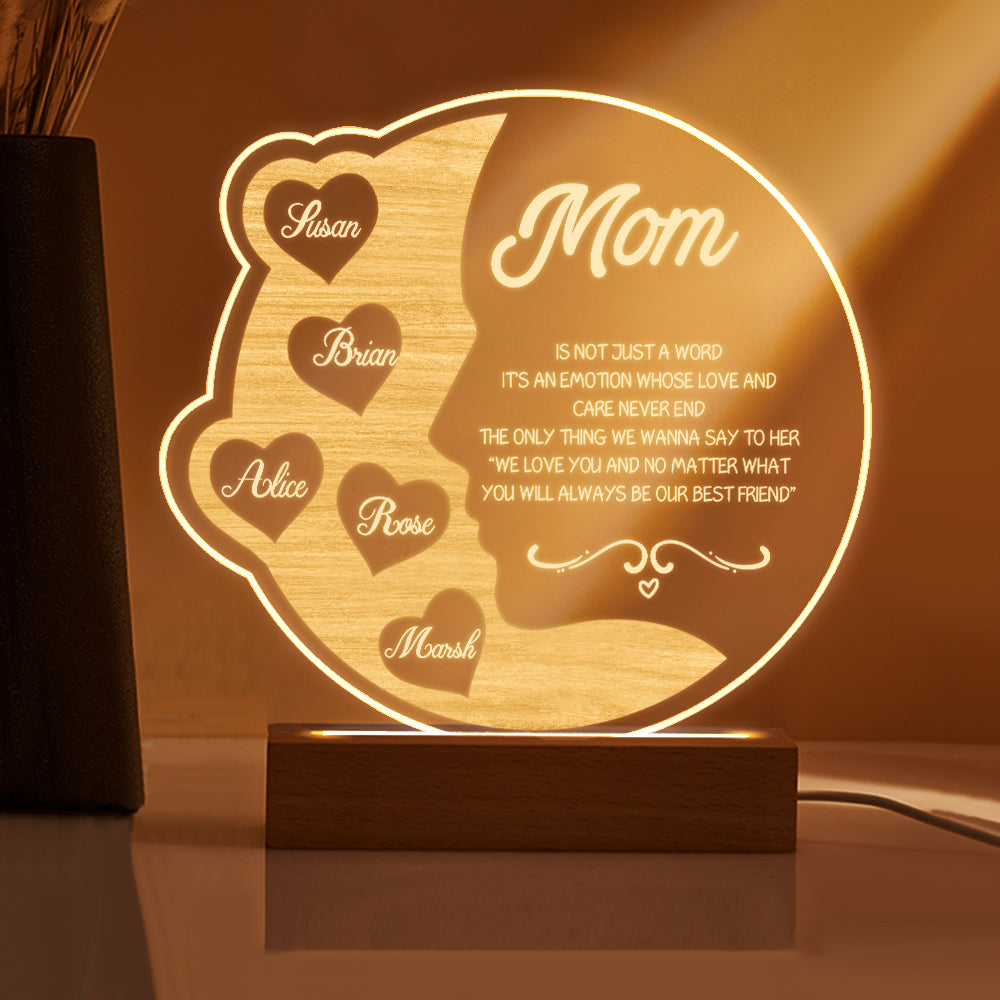 Personalised Engraved Crescent Moon Night Light - Custom Mother's Gift with Names