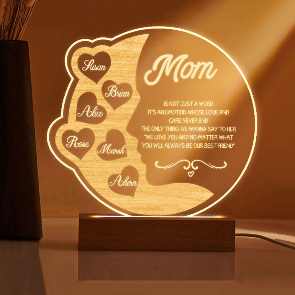 Personalised Engraved Crescent Moon Night Light - Custom Mother's Gift with Names
