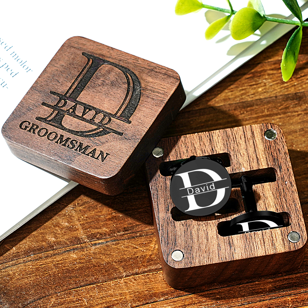 Personalised Engraved Cufflinks Set in Wooden Box | Wedding Gift for Groomsmen
