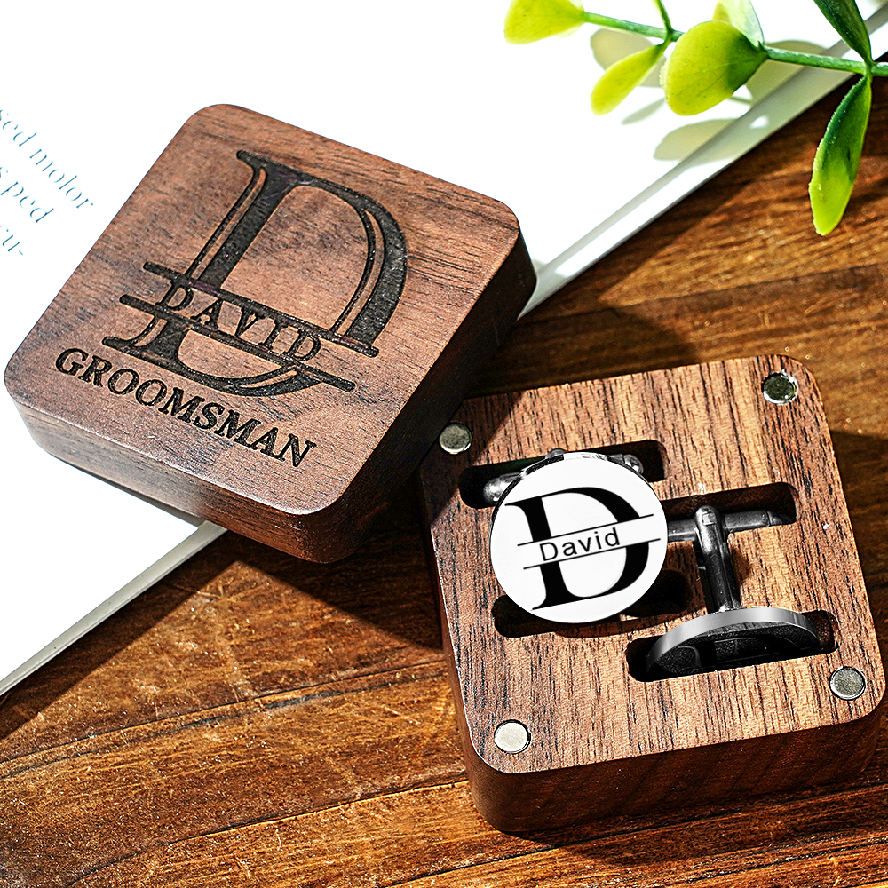 Personalised Engraved Cufflinks Set in Wooden Box | Wedding Gift for Groomsmen