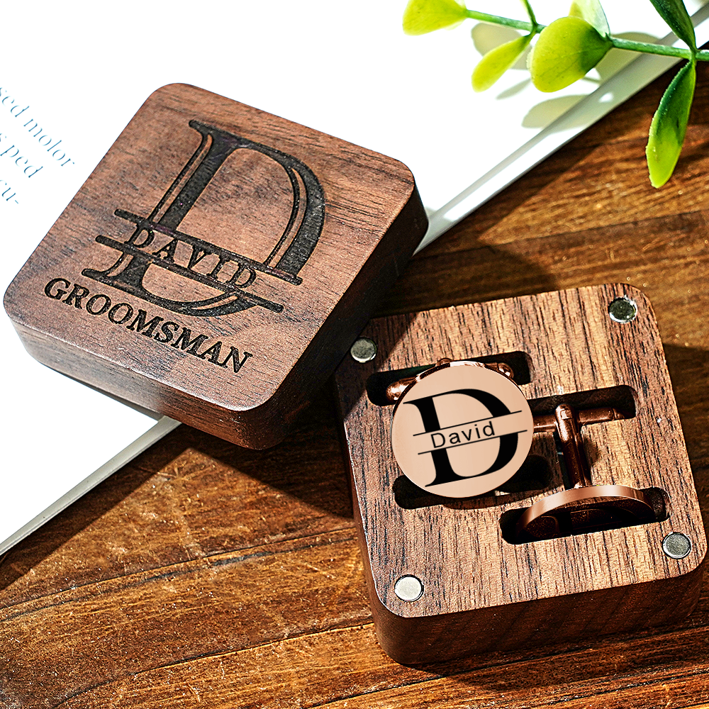 Personalised Engraved Cufflinks Set in Wooden Box | Wedding Gift for Groomsmen