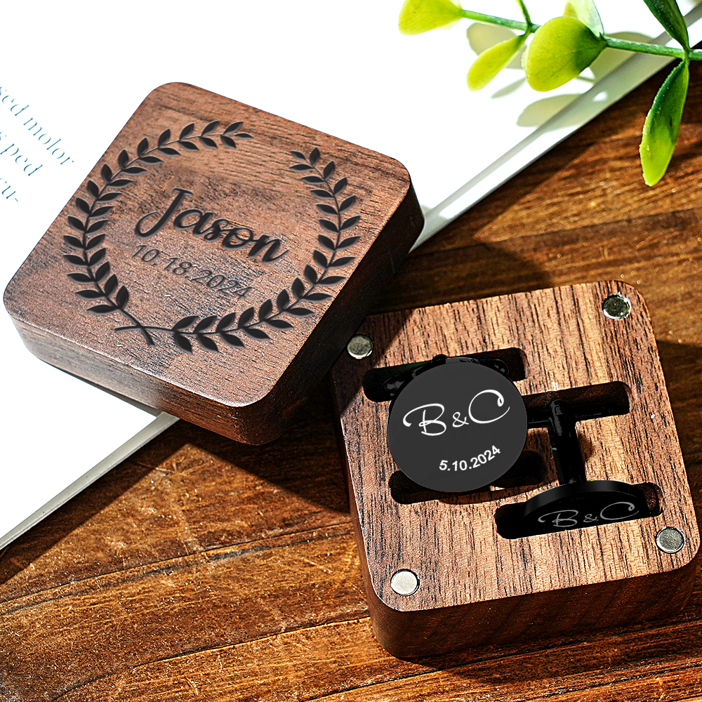 Personalised Engraved Cufflinks Set in Wooden Box | Wedding Gift for Groomsmen