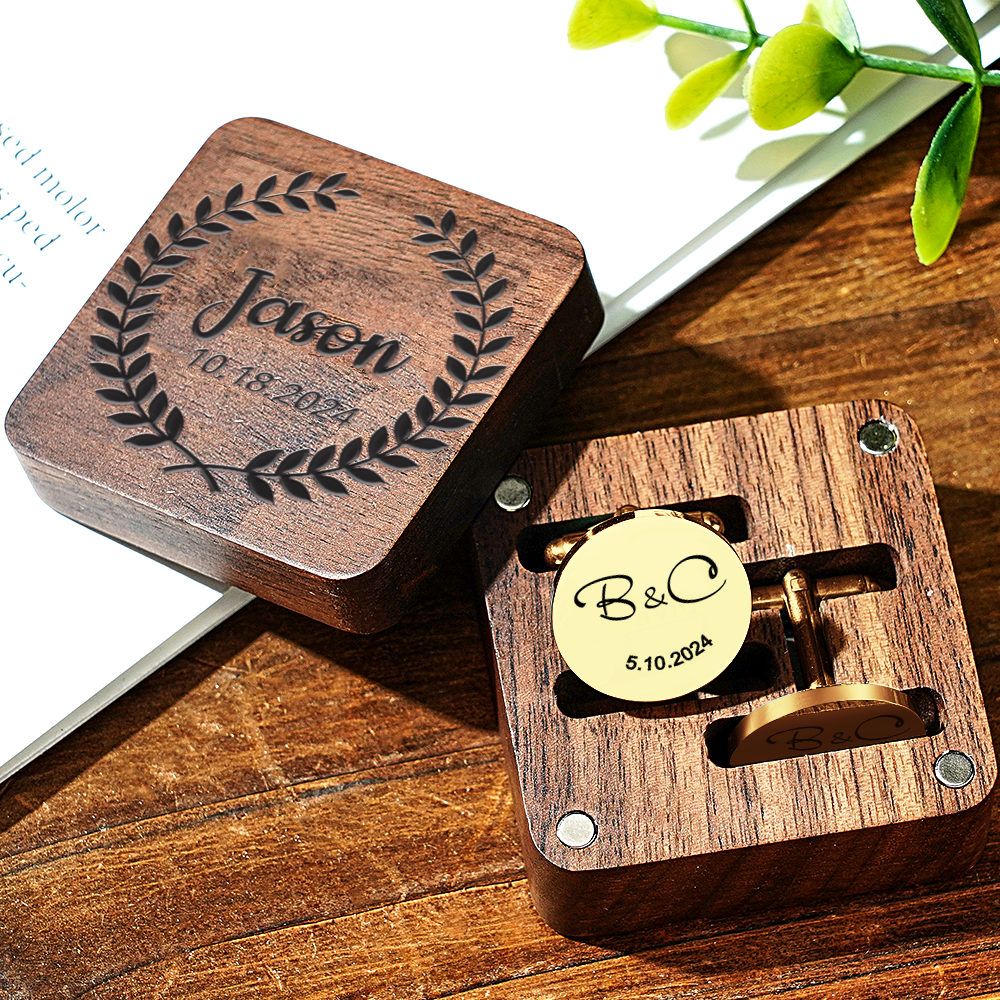 Personalised Engraved Cufflinks Set in Wooden Box | Wedding Gift for Groomsmen