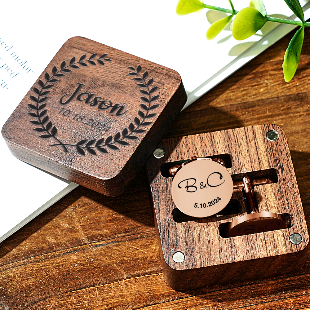Personalised Engraved Cufflinks Set in Wooden Box | Wedding Gift for Groomsmen