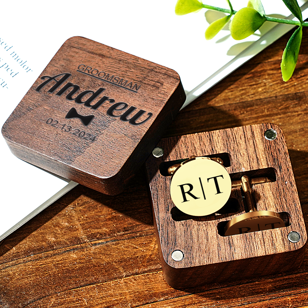 Personalised Engraved Cufflinks Set in Wooden Box | Wedding Gift for Groomsmen
