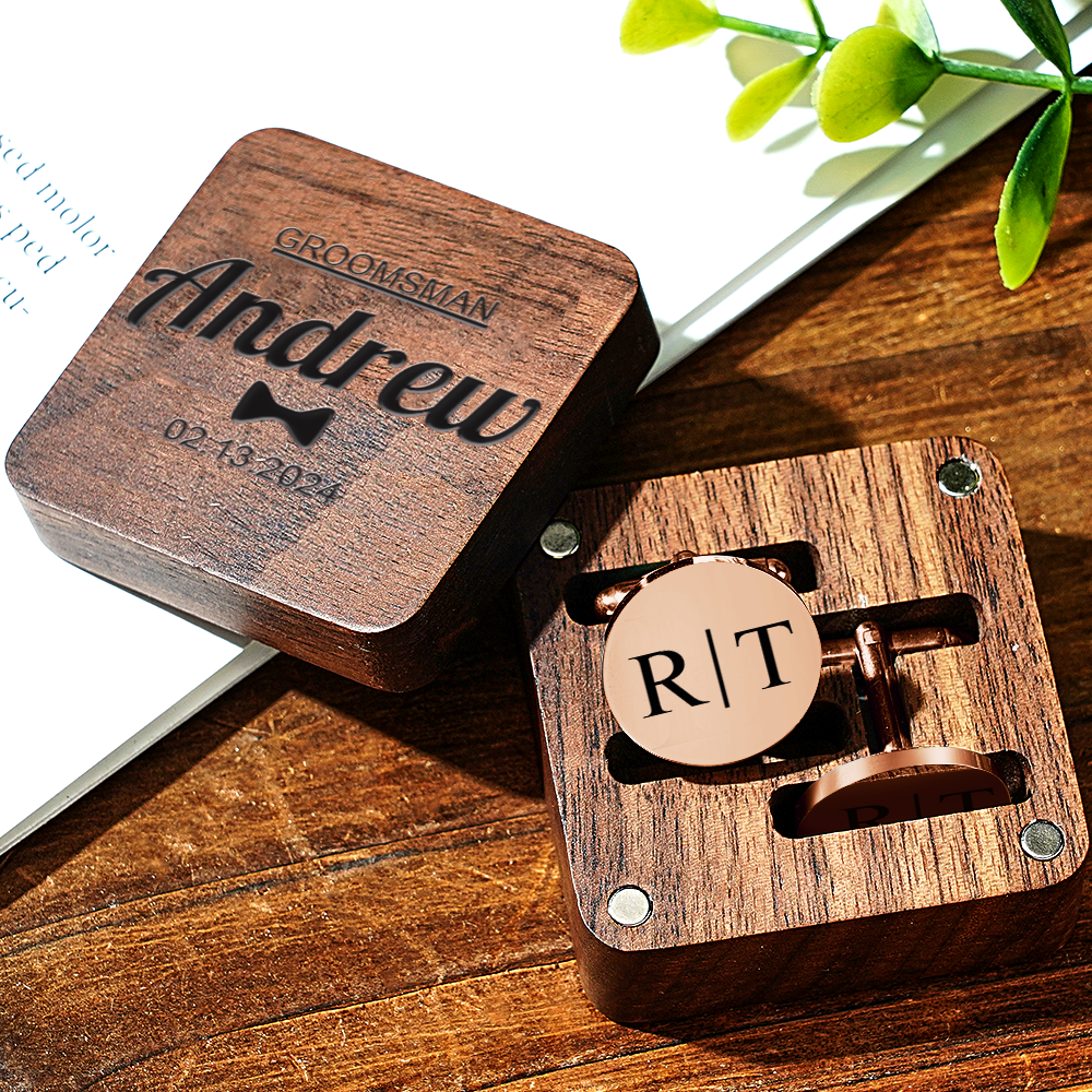 Personalised Engraved Cufflinks Set in Wooden Box | Wedding Gift for Groomsmen