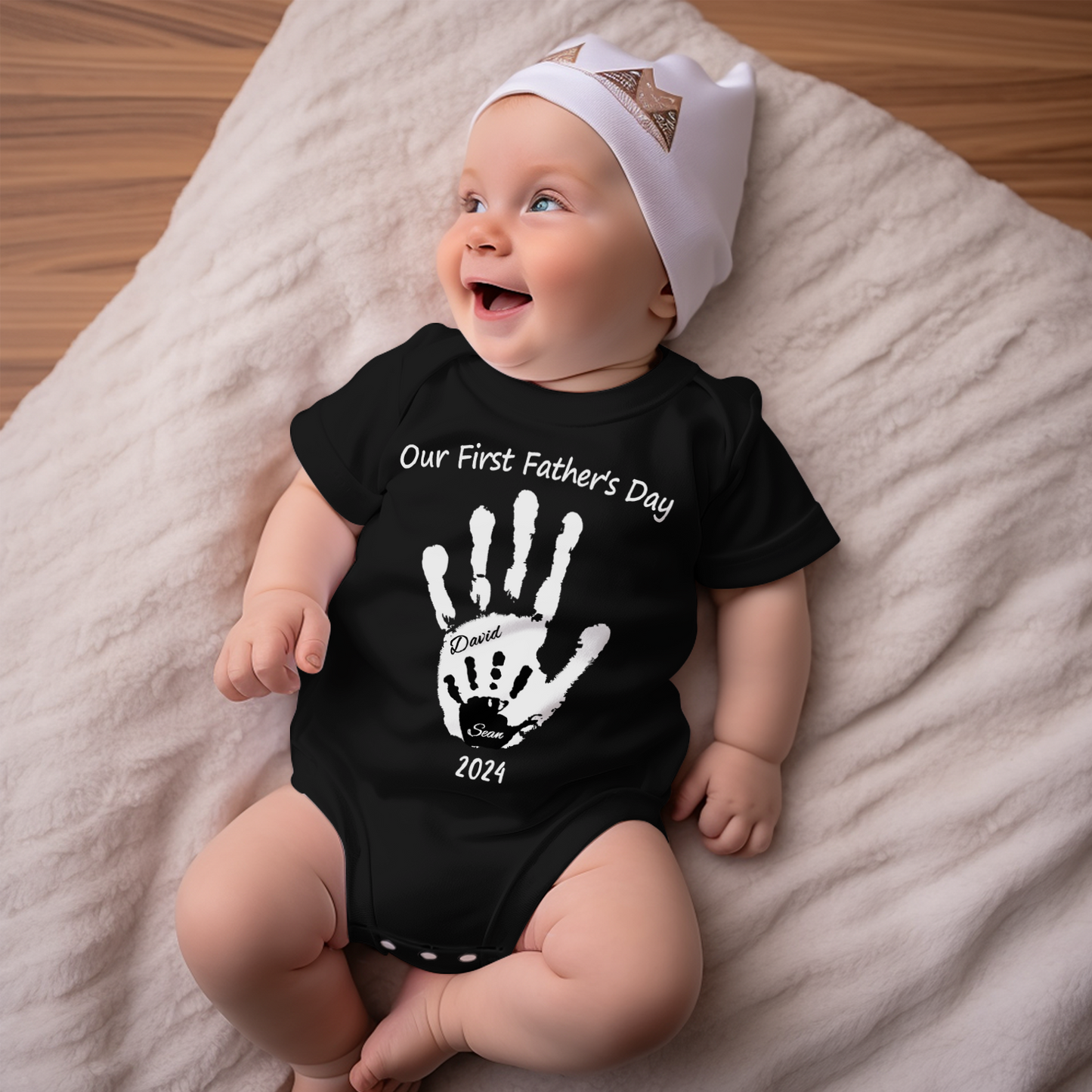 Matching father and baby shirts set concept featuring baby handprint tee and coordinating daddy t-shirt — matching father baby shirts for new dads