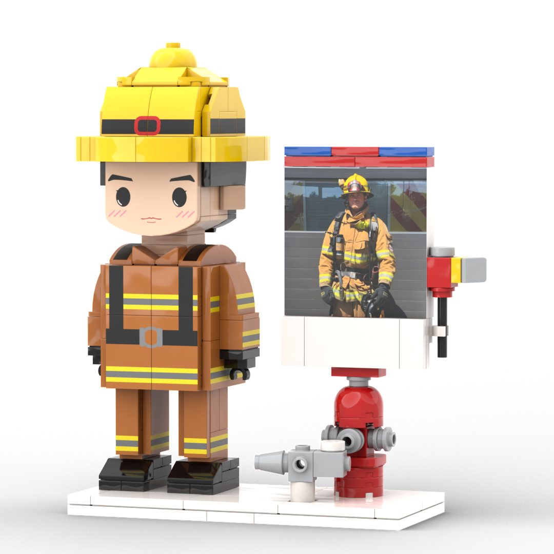 Personalised firefighter brick figure in a simple pose, customised from a front full‑body photo — ideal photo custom minifigure‑style gift for firefighters