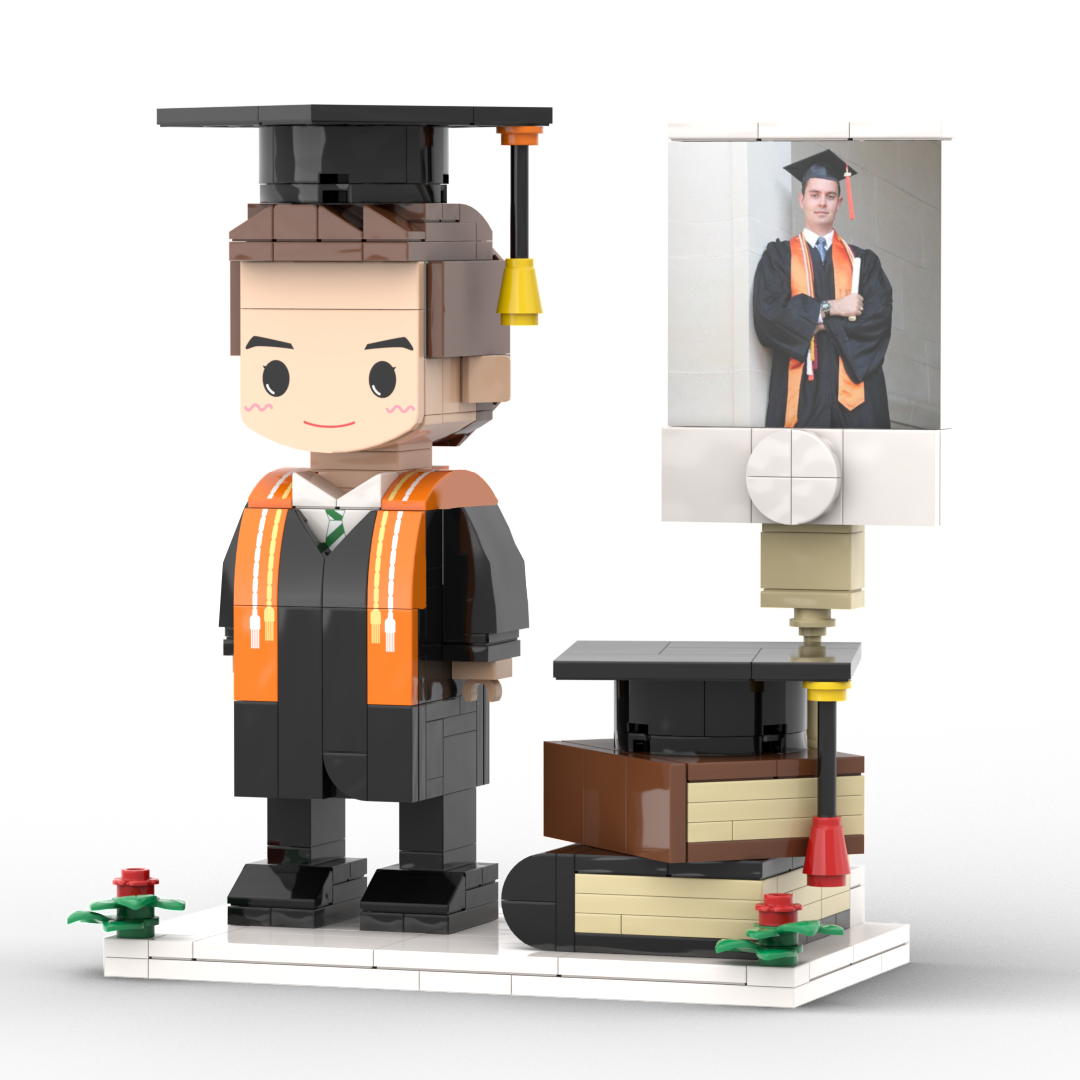 Three‑quarter angle of a custom full‑body brick figure showing pose and clothing details for a unique personalised graduation keepsake