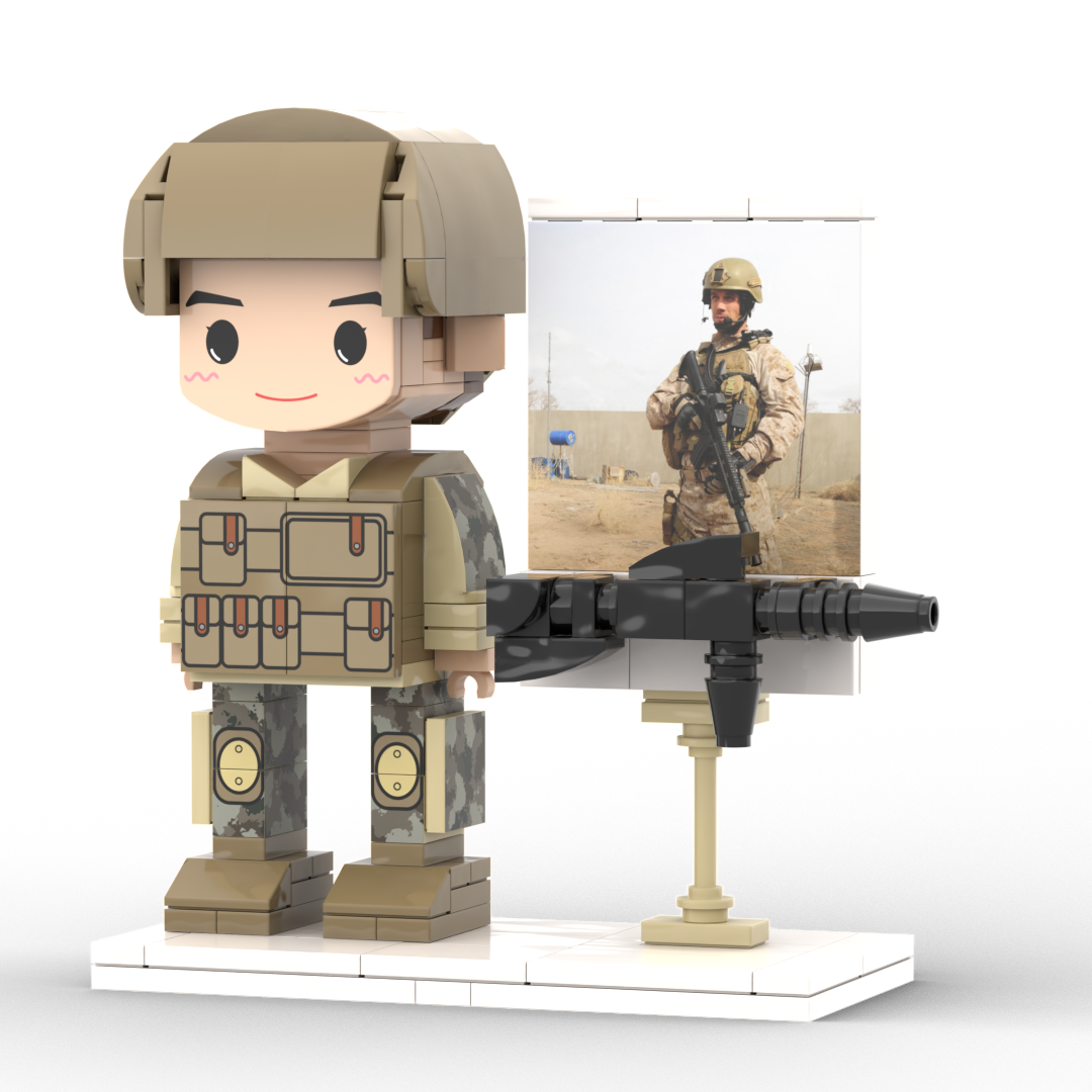 Rear and side views of custom full-body brick figure in soldier outfit — demonstrates simple pose and buildable accessories on a one-person personalised figure