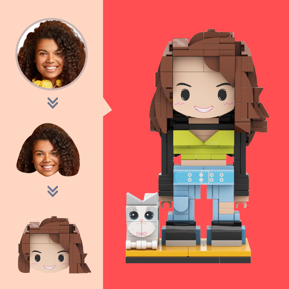 Personalised brick-style figure with Little Cat custom head created from a photo — eco-friendly ABS small-particle block bespoke block art gift