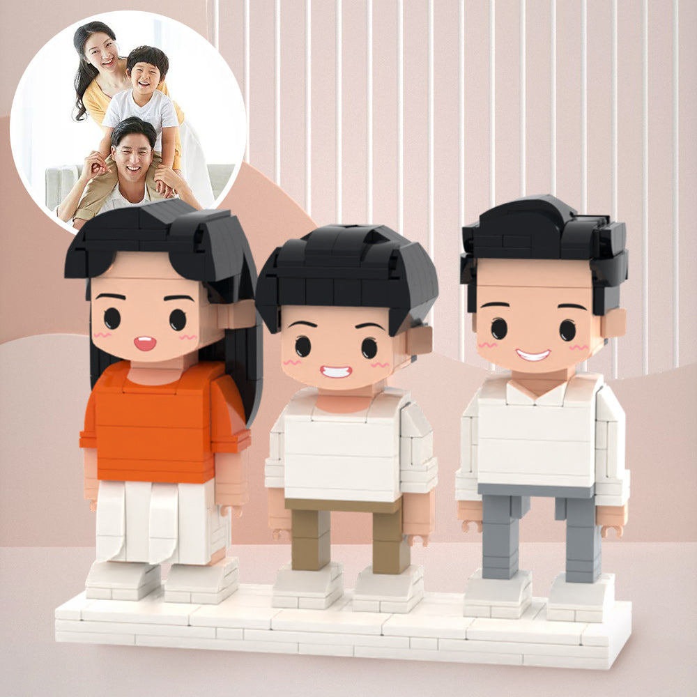 Custom Brick Family Portrait – 3 people personalised mini block set showing three front-facing customised heads; head personalisation only, ideal personalised gift