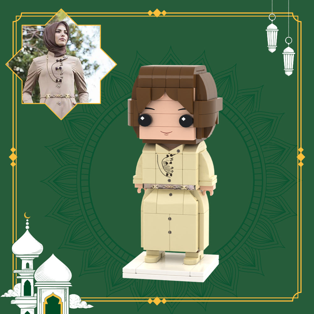 Personalised full-body brick figure front view – customisable mini brick character with bespoke hairstyle and clothing, ideal personalised gift for girlfriend, made from eco-friendly ABS
