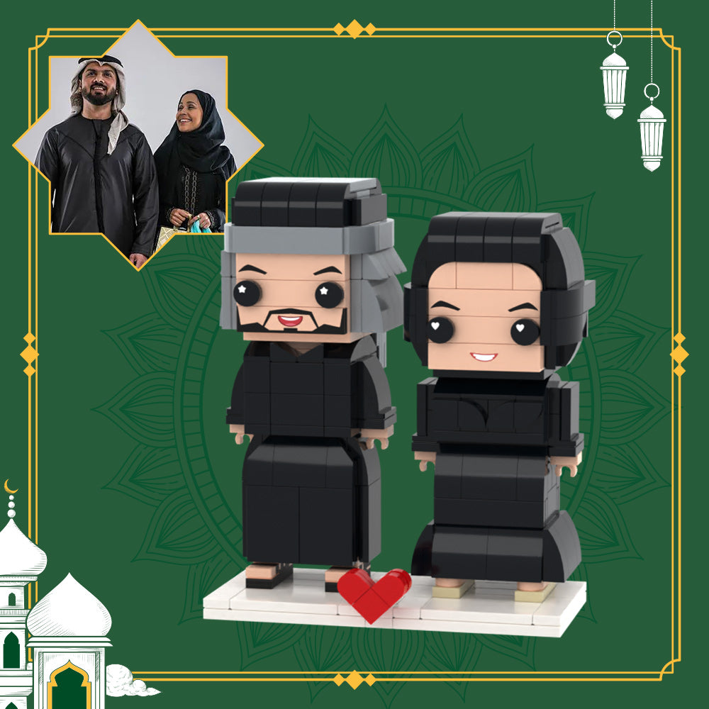 Front-facing pair of personalised 2-person brick figures with custom heads showing hairstyle and facial likeness – custom head mini block toy, personalised photo gift for couples or friends in the UK and Australia